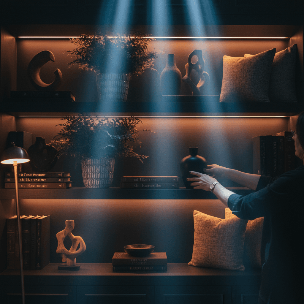 Interior styling with decorative accessories and artwork placement