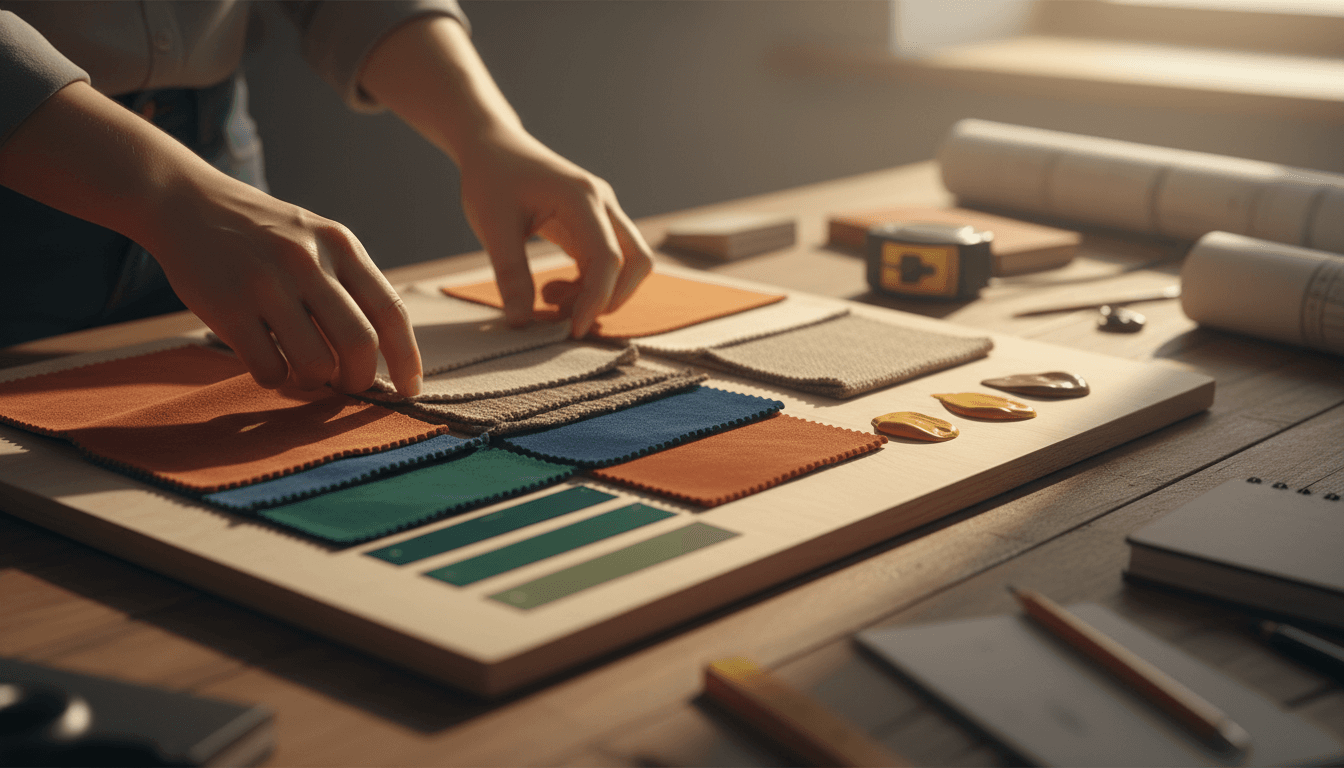 Interior designer arranging fabric swatches and paint samples on a mood board with natural light