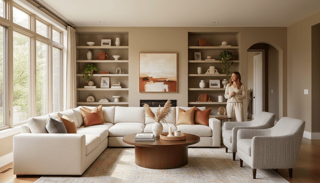 Beautifully decorated modern living room with warm natural light and stylish interior design elements