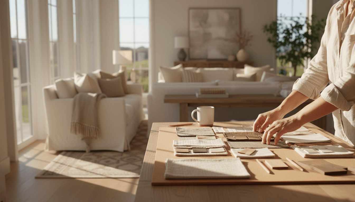 Interior designer reviewing color and fabric samples for a home decoration project