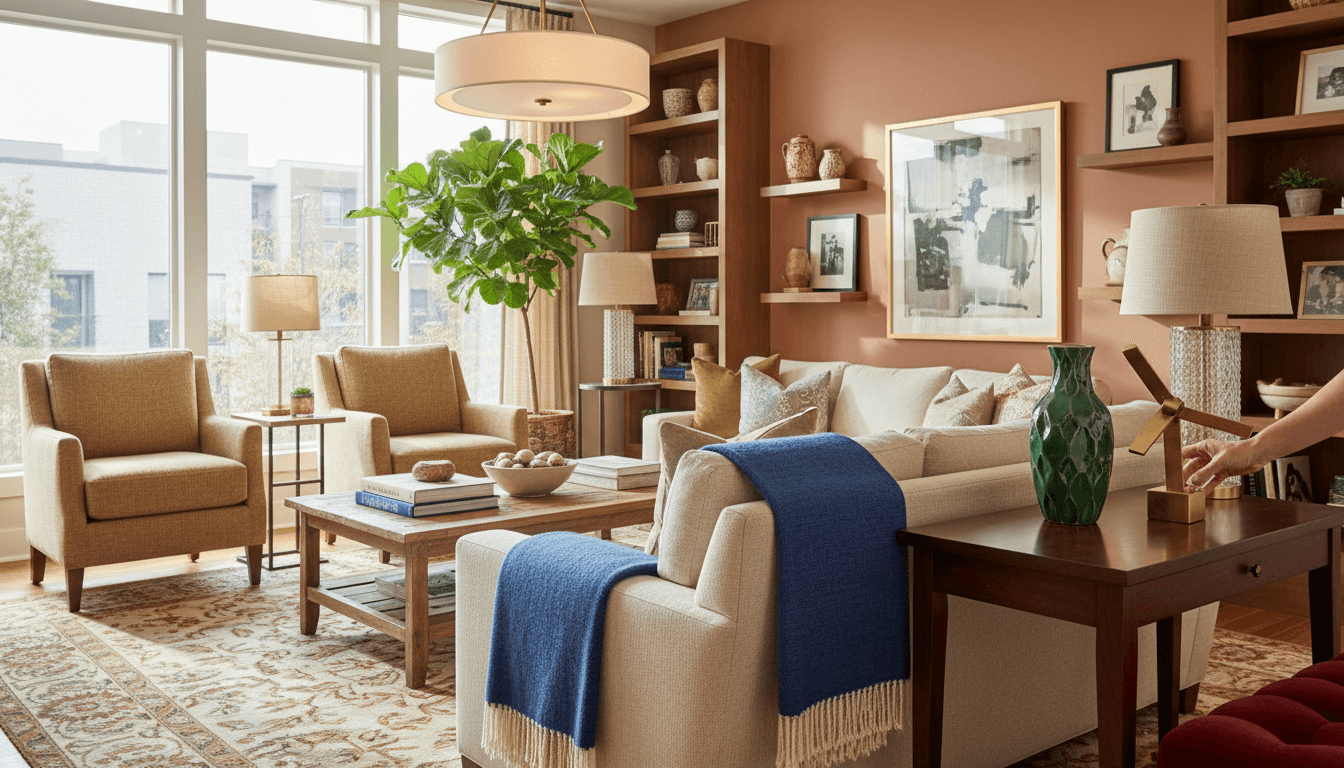 Professionally decorated Sydney living room with curated furniture and warm lighting